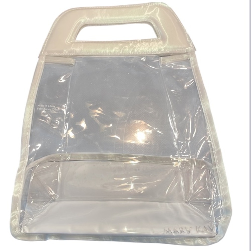 Mary Kay cosmetics tote bag makeup product clear vinyl plastic white handle 9x12